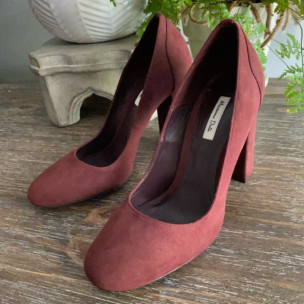 Massimo Dutti Burgundy Wine Suede Leather Italian Block Heel Pumps‎ Womens 38